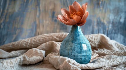 Handcrafted blue vase with flower on textured cloth Ideal for home decor