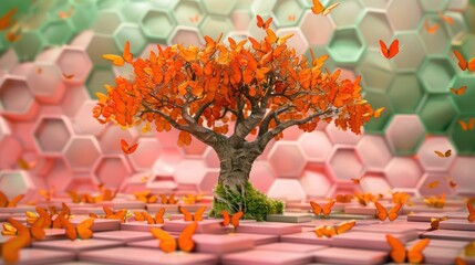 A dreamlike tree covered in bright orange butterflies, standing before a layered background of pink and green hexagon honeycombs