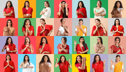 Collage of beautiful Indian women on color background