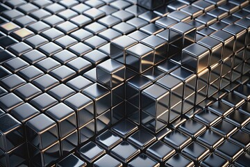 Glossy black cube mosaic with intricate tile patterns forms a mesmerizing square background, creating a futuristic and modern abstract composition with depth and texture.