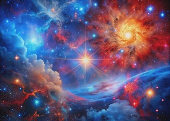 Fototapeta premium Vibrant explosion of blues and reds radiates across the vast cosmic expanse, illuminating the infinite beauty and mystery of the universe in a celestial masterpiece.