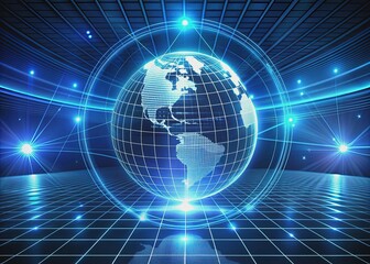 Obraz premium Modern futuristic 3D background with sleek blue grid, glowing neon lines, and rotating globe, representing innovative business technology and global connectivity.
