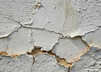 Obraz premium Freshly repaired cracked concrete wall with white patching putty filling gaps and holes, showcasing successful restoration of damaged masonry surface, textures and tones.