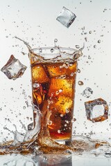 Refreshing Glass of Cola with Ice Cubes Splashing in Mid-Air Against White Background