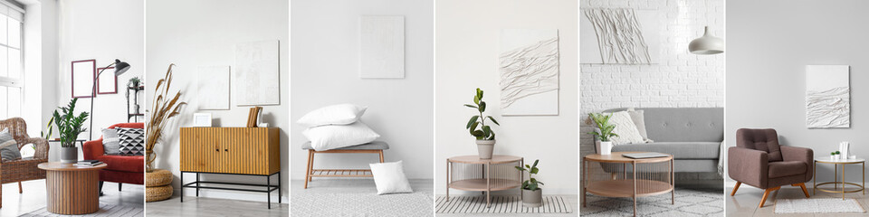 Set of minimalist interiors near light walls