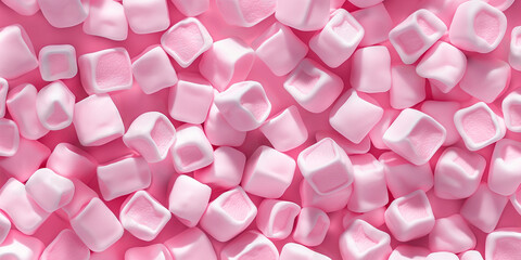 A cute and dreamy, aesthetic background of close-up of rounded cube shaped soft pastel pink marshmallows, each piece showcasing its fluffy texture and light sugar coating