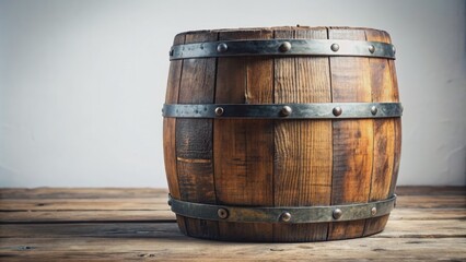 Obraz premium A rustic, worn wooden barrel sits alone on a pristine white background, its metal bands and staves weathered to perfection, evoking a sense of aged charm.