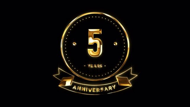 5th Anniversary Celebration. Happy 5 Years Anniversary Animation in Gold Color on the Transparent Background, Alpha Channel. Great for greetings, celebrations, events, and gifts.