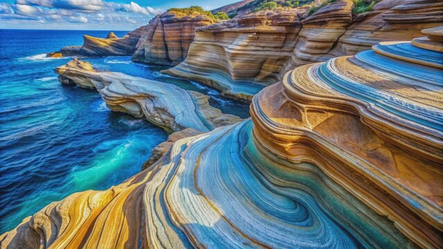 Vibrant blue-hued rock formation featuring intricate curves and smooth cuts, sculpted by the erosive power of seawater, showcasing a dramatic, colorful, and naturally textured close-up.