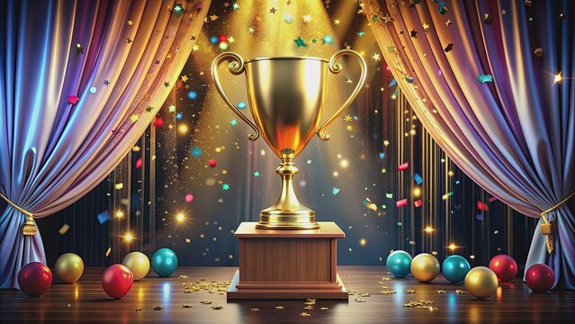 Golden trophy and certificate on podium with confetti and balloons, surrounded by velvet drapes, spotlight shining, ready for employee recognition awards ceremony celebration.