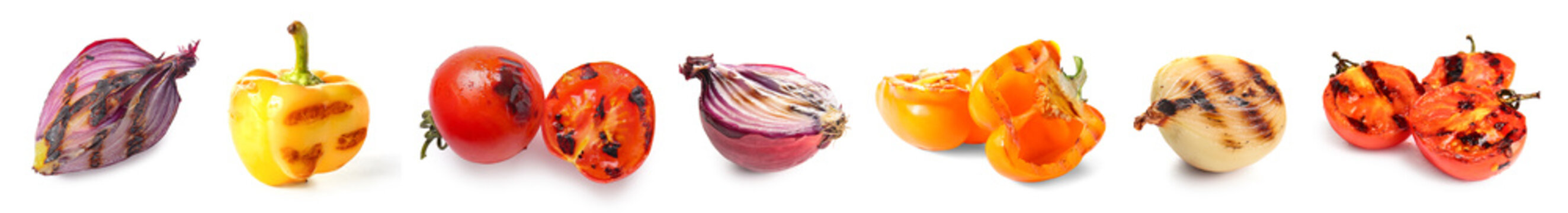 Set of tasty grilled vegetables on white background