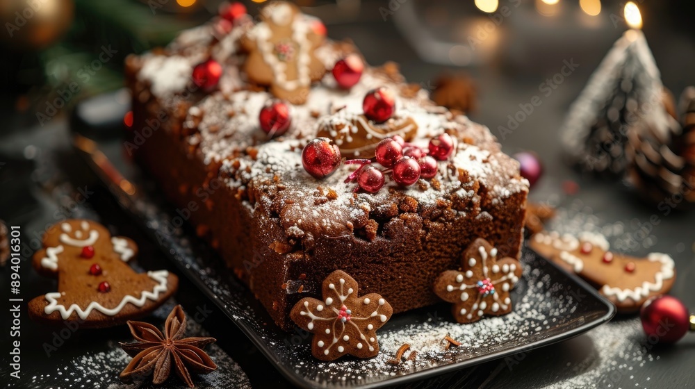 Wall mural Festive honey cake with gingerbread on black background