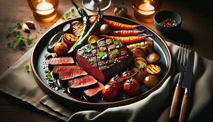 An intimate dining scene centered on a gourmet meal of succulent meats and fresh herbs. Cutlery rests beside the plate, and the glow of a candle adds warmth to the indoor setting.
