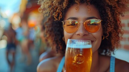 A group of young people are happily drinking beer in a European city, their faces beaming with camaraderie