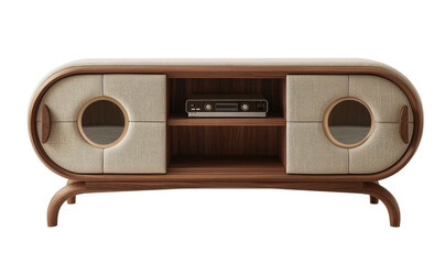 Modern Oval Mid-Century TV Stand with Storage Shelves and Circular Doors.