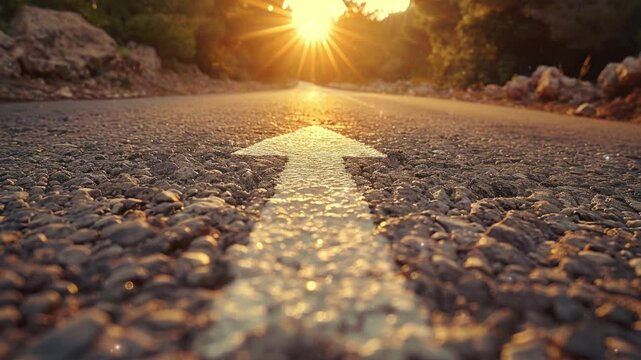 A straight road with an arrow painted on it leading to the horizon, symbolizing goal setting and achievement