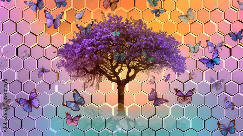 Wall mural A whimsical composition of a tree surrounded by butterflies in hues of lavender and mint, set against a vibrant hexagon honeycomb pattern in sunset colors