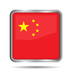 China Flag 3D Glossy Vector Illustration, Rectangular or Square Shape, Scalable EPS File. Square Chinese flag button with elegant silver frame, premium and shiny.