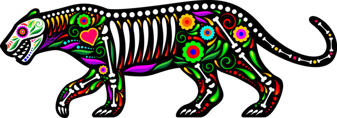 Mexican animal tattoo of jaguar with skull and skeleton bones in vector floral ornament. Mexican culture and ethnic art tattoo of jaguar, cougar and panther wild animal skeleton with heart and flowers © Vector Tradition