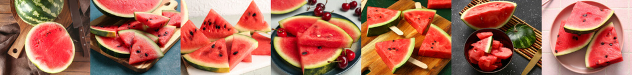 Collage of many ripe sweet watermelon slices