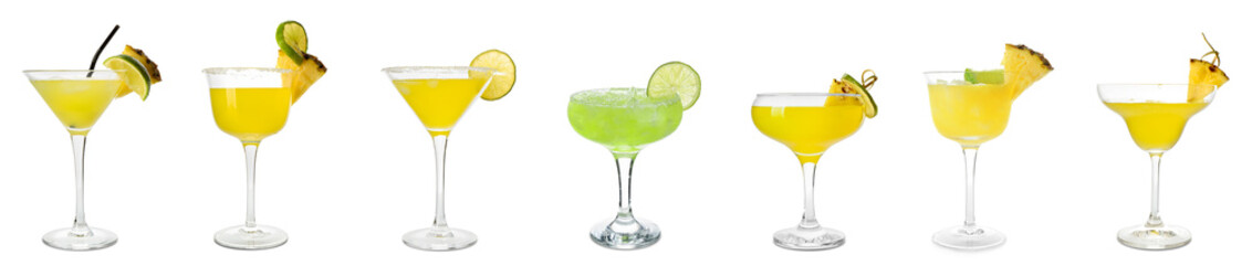 Set of pineapple daiquiri cocktail on white background