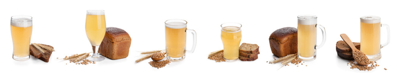 Collage of glasses of fresh kvass on white background