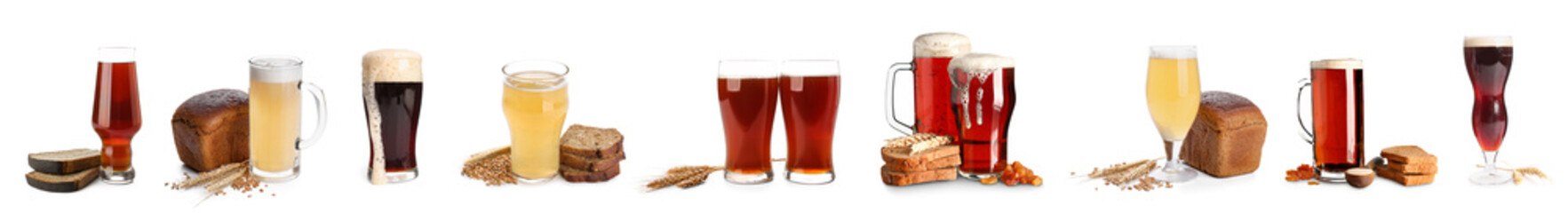 Group of glasses of fresh kvass on white background