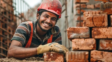 Dedicated indian laborer building brick wall, symbolizing hard work in construction industry