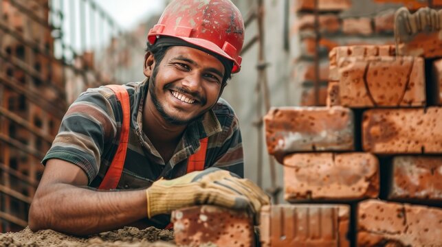 Dedicated indian laborer building brick wall, symbolizing hard work in construction industry