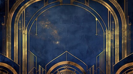Art deco design template with gold accents on a navy blue background, creating an elegant and timeless aesthetic