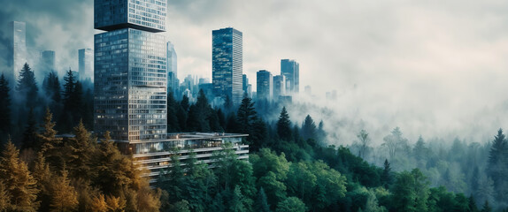 Stunning cityscape is partially hidden by a thick fog, blending seamlessly with a lush green forest