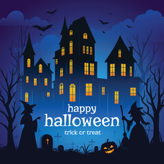 Happy Halloween haunted witch house at night with full moon, flying bats, tombstones and scary pumpkins