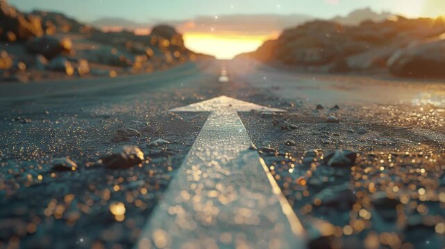 A straight road with an arrow painted on it leading to the horizon, symbolizing goal setting and achievement