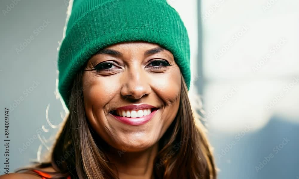 Wall mural cheerful woman with green beanie smiling in studio portrait