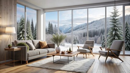 Obraz premium Serenely lit Scandinavian living room with sleek wooden floors, minimalist sofa, armchair, and Nordic-inspired decor against a vast winter landscape.
