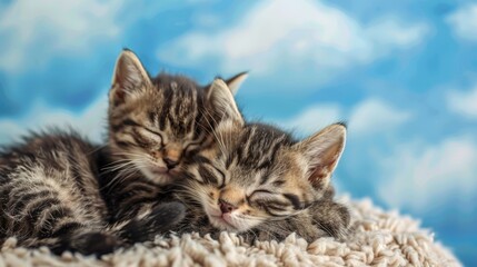 Obraz premium Tabby kitten awake cuddling sleeping sibling on sheepskin blanket with blue cloudy background Ample space above