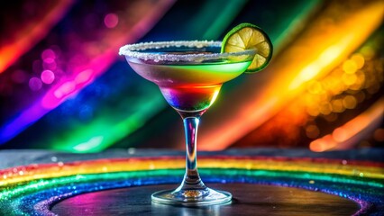 Vibrant margarita glass with rainbow hues and salted rim sitting alone on a dimly lit, velvet-draped party table backdrop.