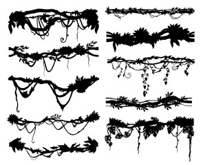 Jungle tropical liana branch and vine silhouette of ivy creeper plants, vector icons. Tropical rainforest liana and Amazon jungle hanging tree with climbing leaves and rope roots for ornate frame