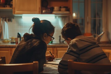 Evening Study Session with Parent and Child

