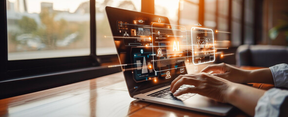  Hands typing on a laptop with holographic data displays, capturing the essence of modern technology and efficient workflow in a sunlit workspace.