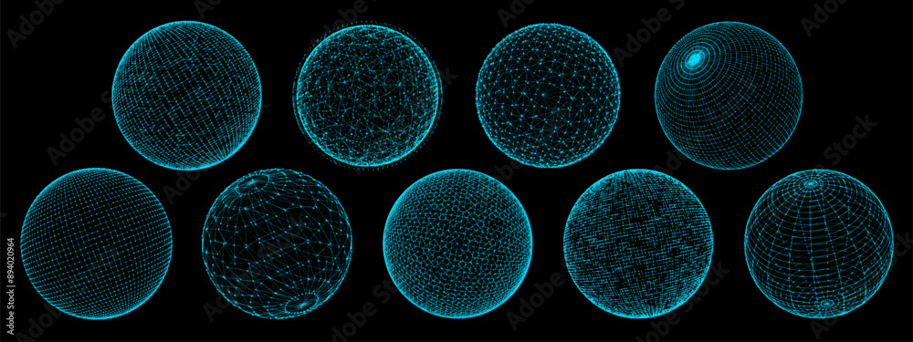 Aufkleber 3d sphere globe, grid and wireframe. Vector line network spheres, planet globes and balls with neon blue wire frames. Retro tech mesh geometric shapes with brutal perspective grid, connecting points