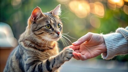 Affectionate cat places paw in human hand, forming heartwarming bond, showcasing tender friendship between species in warm, gentle atmosphere.