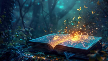 3D style Illustration of magical book with fantasy stories inside it. Fantasy and literature concept. Happy World book day. The concept for World Book Day background. Copy space
