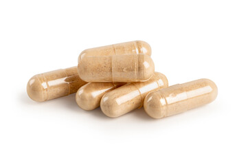 Herb capsules isolated on white background.