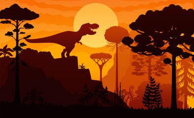 Naklejka premium T Rex dinosaur on sunset forest landscape in Jurassic jungle park silhouette, vector background. Prehistoric landscape with tyrannosaurus or T-rex dinosaur lizard on mountain roaring in jungles forest