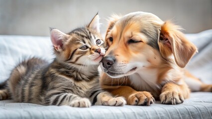 Adorable kitten pounces on sleepy dog's nose, sparking joyful chaos, as whiskers twitch and tails entwine in heartwarming friendship.