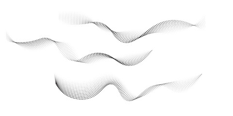Dotted halftone waves. Abstract liquid shapes, wave effect dotted gradient texture waves isolated vector symbols set. Halftone graphic dots waves. Wave dotted halftone, creative shape abstract