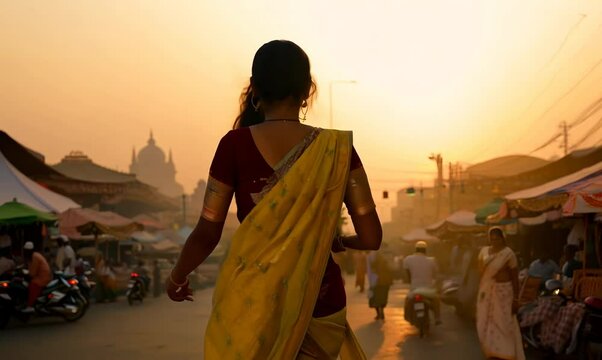 Beautiful indian woman in saree on the street at sunset