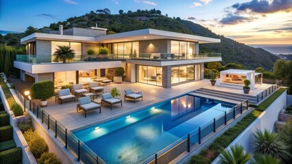 Fototapeta premium Luxurious modern villa boasts open-plan living, private bedroom wing, expansive terrace, and secluded pool area with breathtaking panoramic views.