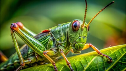 Fototapeta premium Macro view of vibrant green grasshopper's intricate details, showcasing compound eyes, antennae, and delicate wings against blurred natural background.